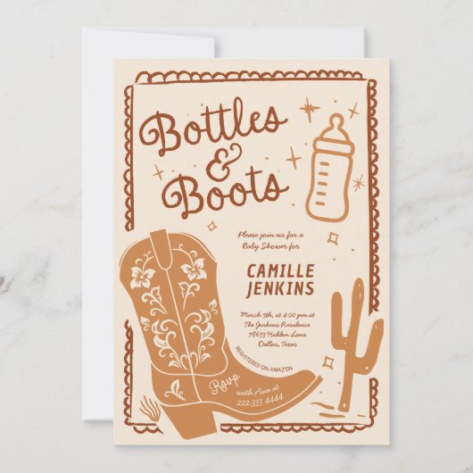 Flaschen und Stiefel Handgezogene Kinderdusche Einladung (Vorderseite)