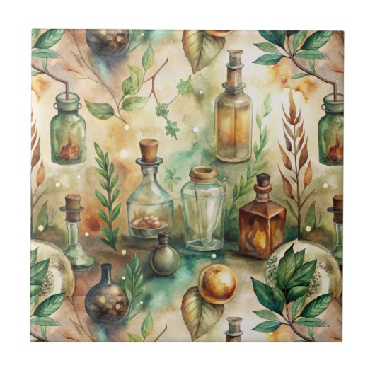 Flaschendekor im Stil der Alchemie Botanisch Grün Fliese (Vorderseite)