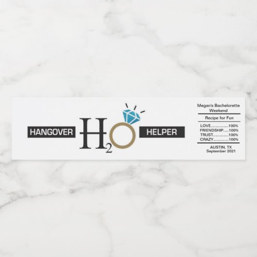 Flaschenetikett Bachelorett, Hangover Helfer Wasserflaschenetikett (Einzelnes Label)