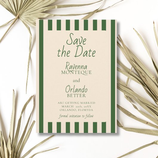 Flaschengrün gestreifte Retro-Minimalist-Hochzeit Save The Date