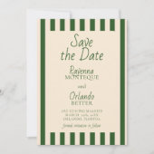 Flaschengrün gestreifte Retro-Minimalist-Hochzeit Save The Date (Vorderseite)