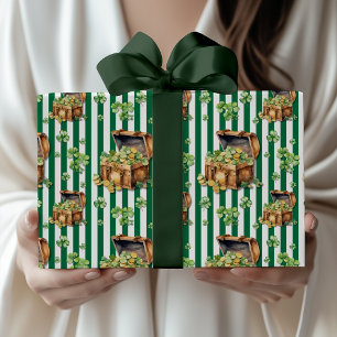 Flaschengrün gestreifte Schatzkiste St.Patrick Tag Geschenkpapier