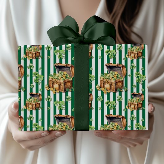 Flaschengrün gestreifte Schatzkiste St.Patrick Tag Geschenkpapier