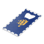 Flaschenöffner aus Edelstahl mit Flagge von Quebec (Vorderseite Schrägansicht)