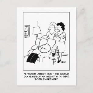 Flaschenöffner-Verletzungs-Cartoon. Lustig Postkarte