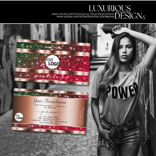 Flash Green Pink Glitzer Stars Rose Gold und Logo Visitenkarte