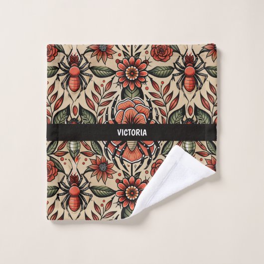 Flash Tattoo Spider Floral Custom Muster Badhandtuch Set (Waschlappen)