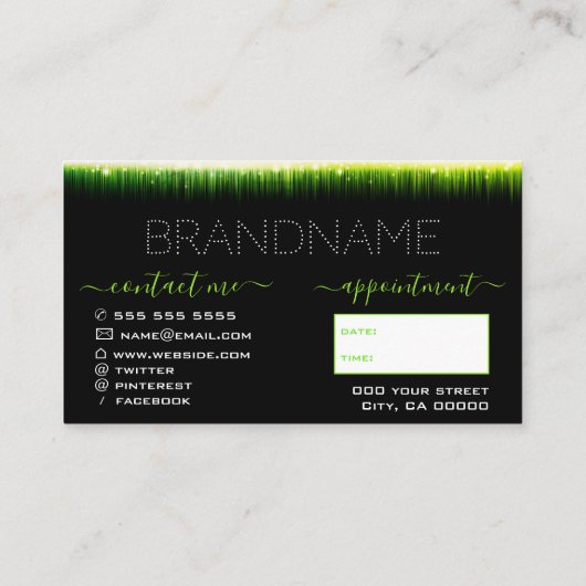 Flashy Light Green auf Black Hair Salon Ernennung Visitenkarte (Rückseite)