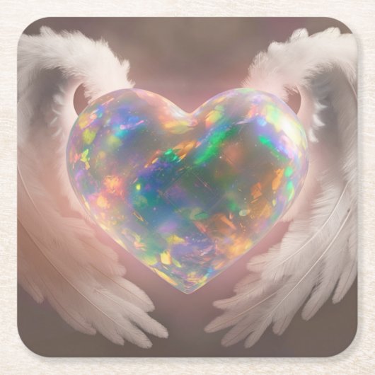 *~* Flashy Opal Heart Angel Wings AP78 Rechteckiger Pappuntersetzer (Vorderseite)
