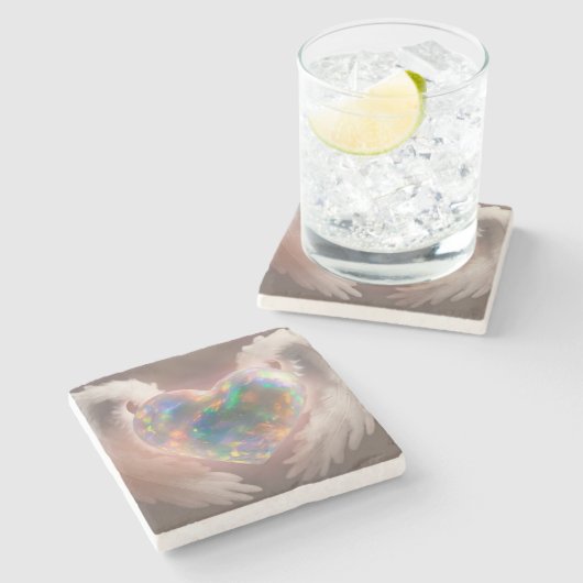 *~* Flashy Opal Heart Angel Wings AP78 Steinuntersetzer (Seitenansicht)