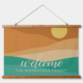 Flat Boho Mountain Sunset Wüste Farben Willkommen Wandteppich Mit Holzrahmen (Vorne)