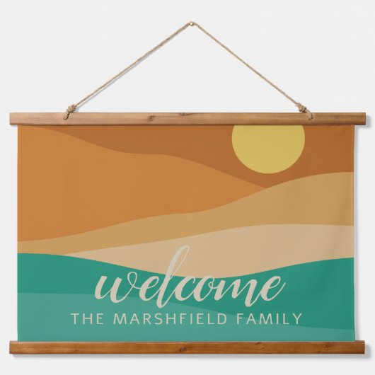 Flat Boho Mountain Sunset Wüste Farben Willkommen Wandteppich Mit Holzrahmen (Vorne)