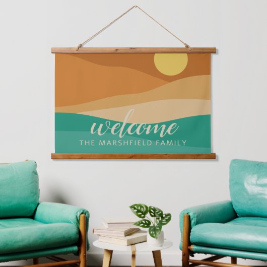 Flat Boho Mountain Sunset Wüste Farben Willkommen Wandteppich Mit Holzrahmen (Wohnzimmer)