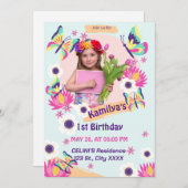 Flat Butterfly zum Geburtstag Einladung mit Foto (Vorne/Hinten)
