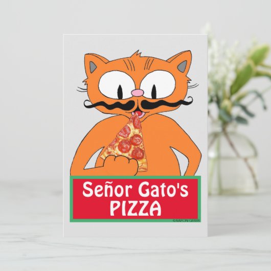 Flat Card - Señor Gato's Pizza Funny Mustache Cat (Stehend Vorderseite)