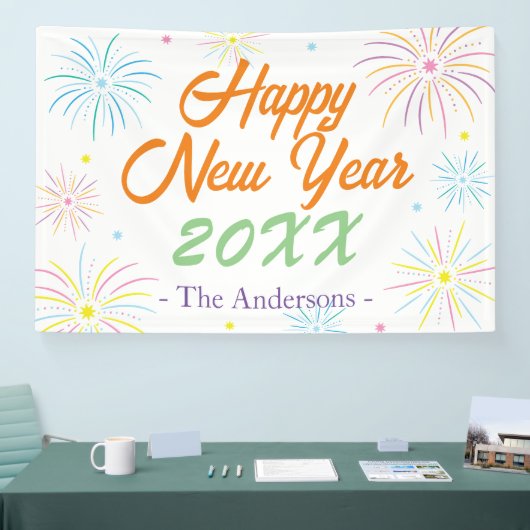 Flat Colorful Happy New Year Celebration - White Banner (Messe)