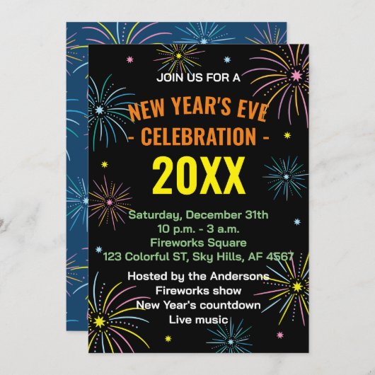 Flat Colorful Silvester Party Einladung (Vorne/Hinten)