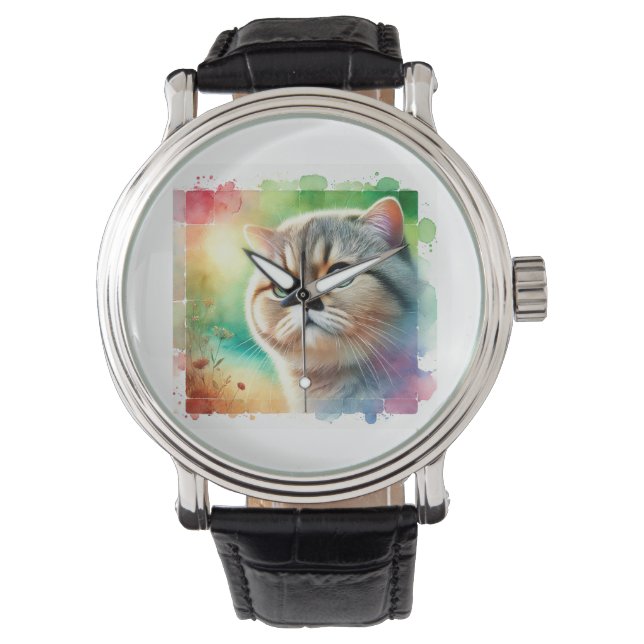 Flat Headed Cat 310724AREF106 - Watercolor Armbanduhr (Vorderseite)