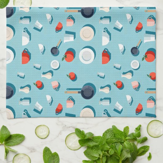 Flat lay kitchenware mugs and bright red tomatoes geschirrtuch (Gefaltet)