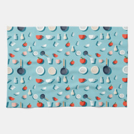 Flat lay kitchenware mugs and bright red tomatoes geschirrtuch