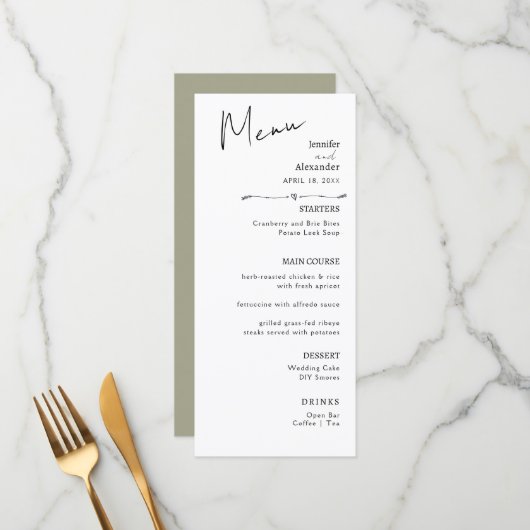 Flat Menu Hochzeit Minimalistisch modern. Menükarte (Vorderseite/Rückseite Beispiel)