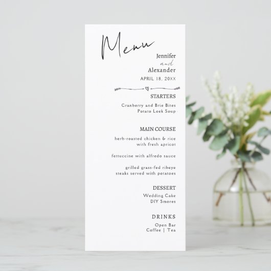 Flat Menu Hochzeit Minimalistisch moderne Kalligra Menükarte (Stehend Vorderseite)