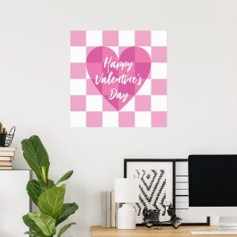Flat Pink Heart Karo Glücklicher Valentinstag Poster