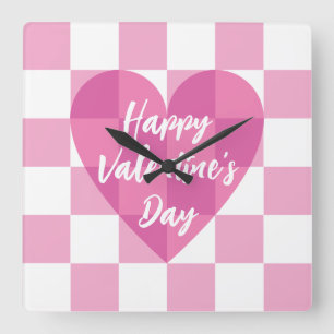 Flat Pink Heart Karo Glücklicher Valentinstag Quadratische Wanduhr