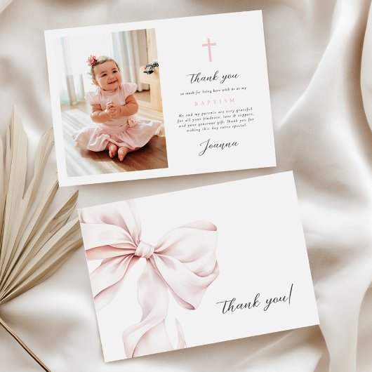 Flat Thank You Card Pink Bow With Photo Dankeskarte