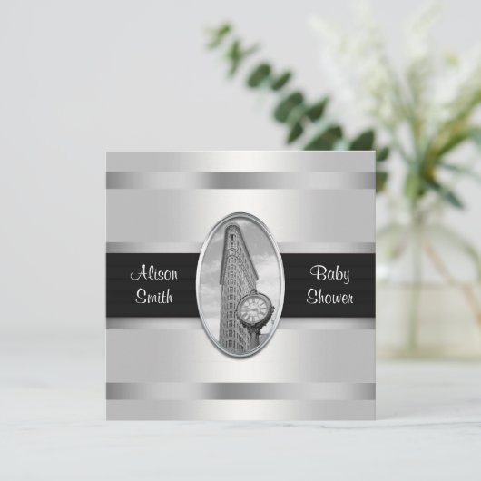 Flatiron Gebäude Einladung White Silver BW Babysho (Stehend Vorderseite)