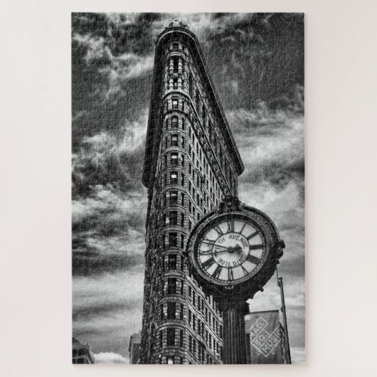 Flatiron Gebäude und Uhr in Schwarz und Weiß Puzzle (Vertikal)