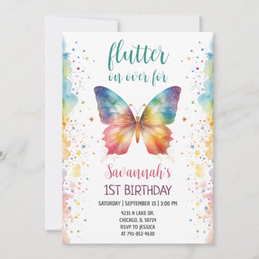 Flattere Über Regenbogen Schmetterling 1. Geburtst Einladung (Vorderseite)