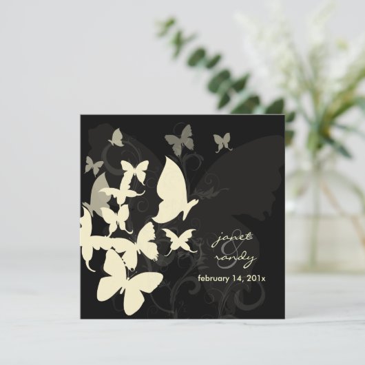 Flattern durch... Schmetterlinge, Sahne/Schwarz Einladung (Stehend Vorderseite)