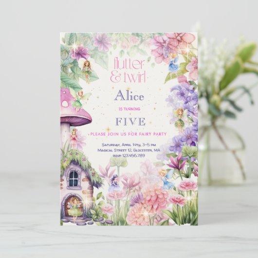 Flattern und wirbeln Fairy Garden Aquarell Geburts Einladung (Stehend Vorderseite)