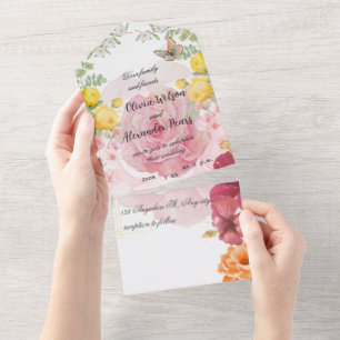 Flatternde Romanze: Aquarell-Rose und Schmetterlin All In One Einladung
