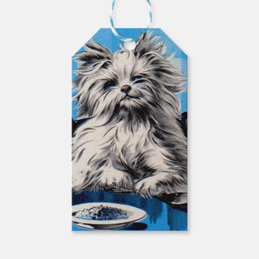 flatternder Hund, der am Tisch isst Geschenkanhänger (Vorderseite)