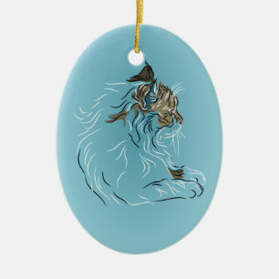 Flaumige graue Katze auf blauem Hintergrund Keramikornament