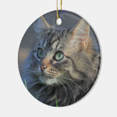 Flaumige graue Tabby-Katze, die aufwärts schaut Keramik Ornament (Links)