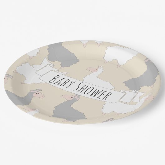 Flaumige graue u. weiße Lama-Babyparty Pappteller (Schrägansicht)