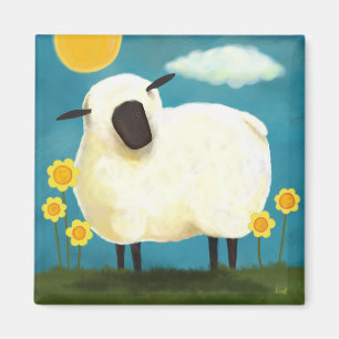 Flaumige Schafe u. gelber Blumen-Kunst-Magnet Magnet