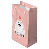 Flaumiger weißer Spitz mit Valentine-Herzen Kleine Geschenktüte (Rückseite Schrägansicht)