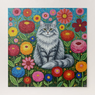 Flauschige graue gestreifte Katze mit volkstümlich Puzzle