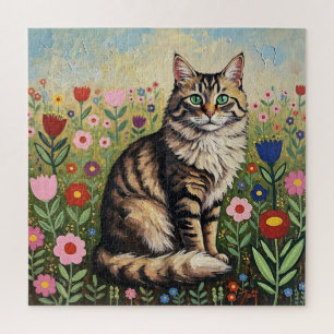 Flauschige Graue Tabby-Katze und Volkskunstblumen Puzzle