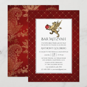 Flauschige rote und goldene Damast- und Gitter-Bar Einladung