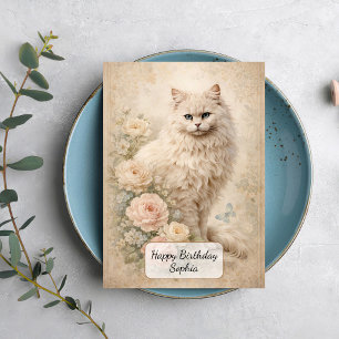 Flauschige weiße Katze mit Rosen Karte