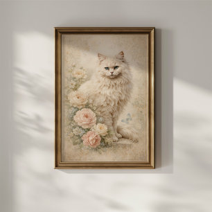 Flauschige weiße Katze mit Rosen Poster