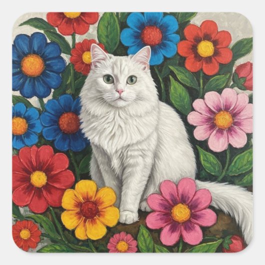 Flauschige weiße Katze und volkstümliche Blumen Quadratischer Aufkleber (Vorderseite)
