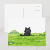 Flauschiger grüner Busch Kawaii schwarze Katze Postkarte (Vorne/Hinten)