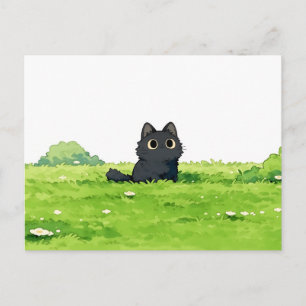 Flauschiger grüner Busch Kawaii schwarze Katze Postkarte