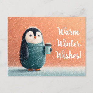 Flauschiger Pinguin hält Kaffeetasse in einem Schn Feiertagspostkarte